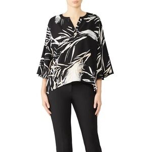 Natori Womens Abstract Floral Bell Sleeve Tunic Top Black White M